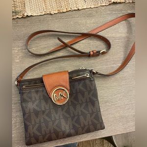 Michael Kors Fulton Crossbody MK Signature Brown Flap Double Zip PVC Leather